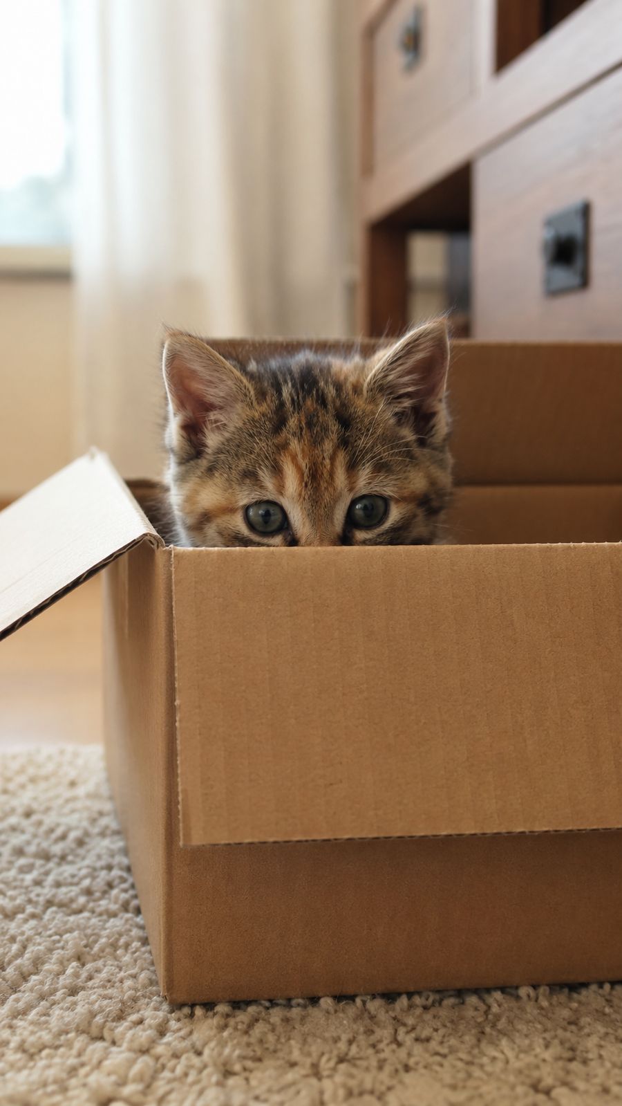 段ボールからのぞく子猫