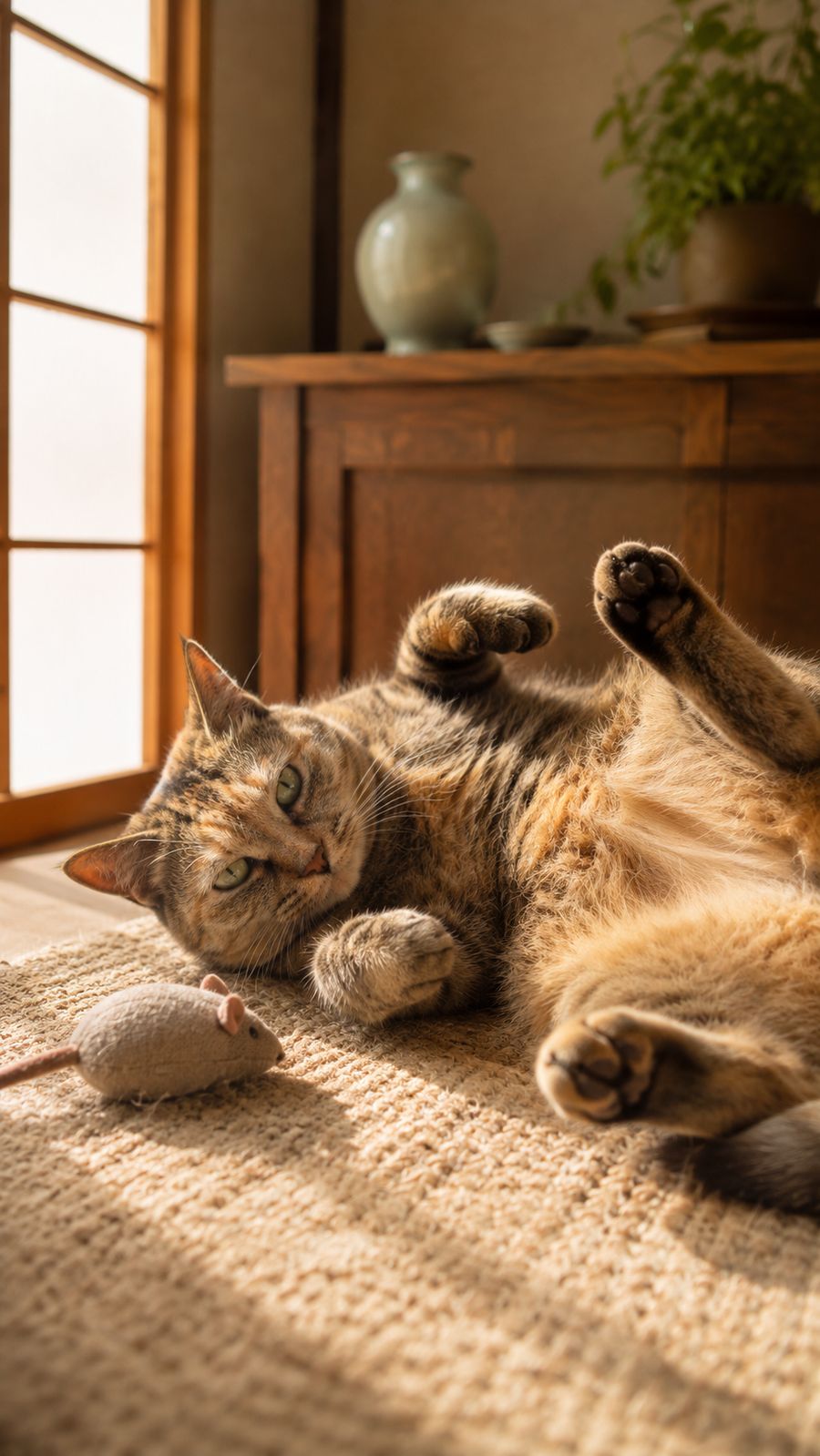 ねずみのおもちゃと寝転ぶ猫