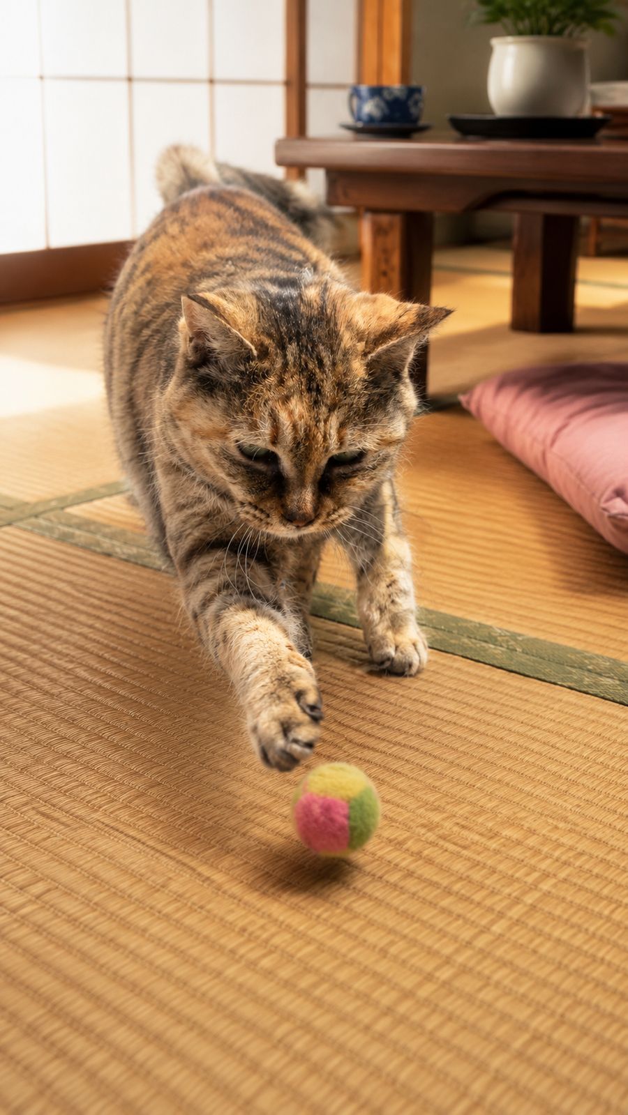 畳の上でボールを追う猫